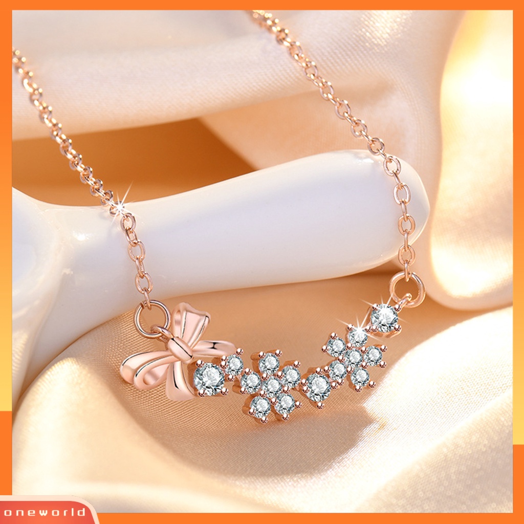 [EONE] Wanita Kalung Cubic Zirconia Bow-knot Decor Rantai Warna Solid Electroplated Neck Dekorasi Berongga Keluar Shiny Bentuk Bunga Lady Necklace Women Jewelry