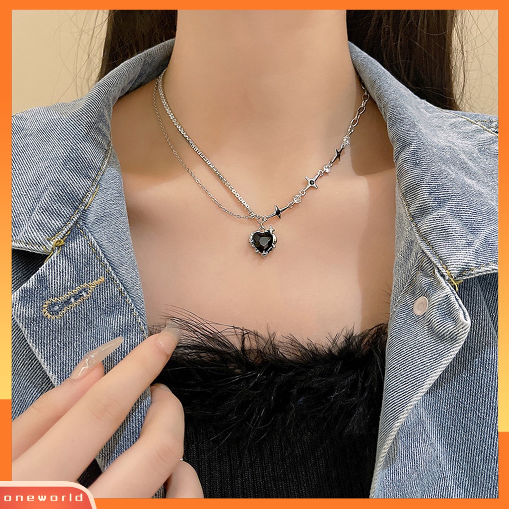 [EONE] Wanita Kalung Dengan Liontin Hati Hitam Shiny Cubic Zirconia Hias Bintang Punk Asimetris Klavikula Kalung Fashion Perhiasan