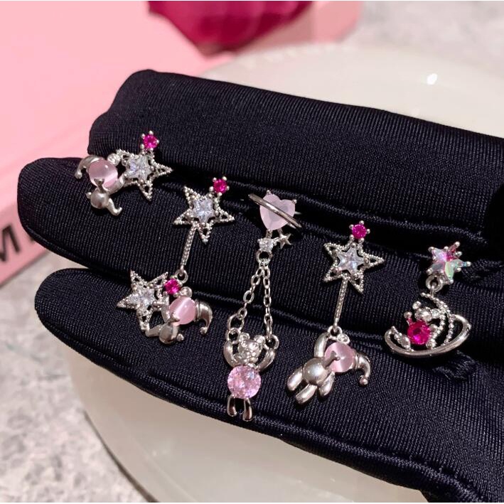 Roselife Keren Manis S925 Perak Biru Pink Kristal Hati Beruang Bintang Stud Anting-Anting Untuk Wanita Perempuan Korea Double-end Screw Earring Ear Cartilage Piercing Ear Jewelry Accessories 1pc