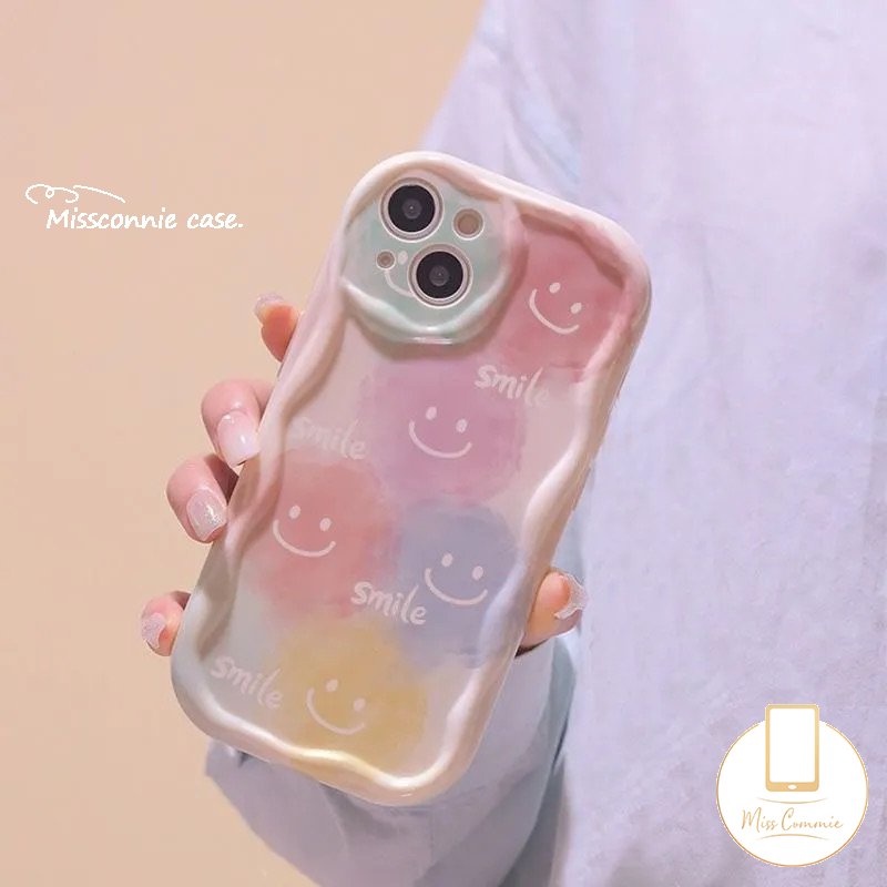 IPHONE Tinta Cute Smiley Face Case Kompatibel Untuk Iphone12 13 11 14 Pro Max XR X 7 8 6s 6 Plus XS Max SE 2020 Senyum Indah 3D Wavy Curved Edge Glossy Shockproof Soft Cover