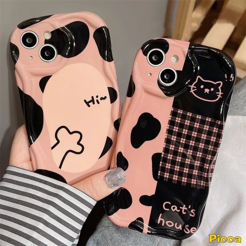 IPHONE Casing 3D Wavy Curved Edge Glossy Shockproof Kompatibel Untuk Iphone11 14 13 12 Pro Max 7Plus XR 6s 6 7 8 Plus X XS Max SE 2020 Leopard Checkerboard Kucing Lucu Airbag Soft Cover