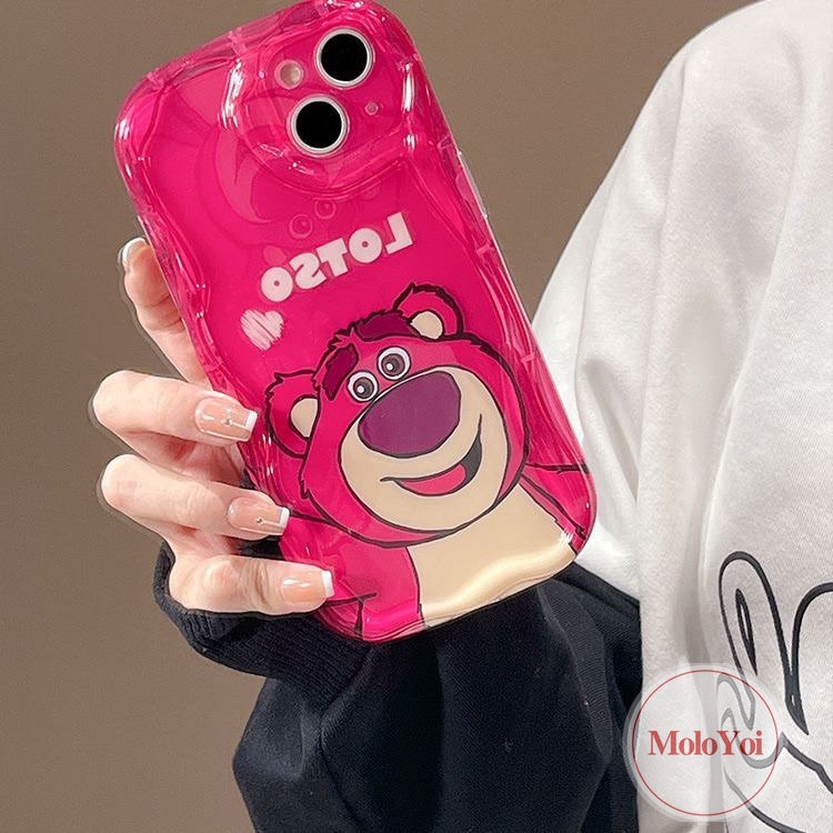 IPHONE Casing Ponsel Manyo Beruang Strawberry Merah Mawar Kompatibel Untuk Iphone7 8 6s 6plus11 12 13 14 Pro Max XR X XS Max SE 2020 3D Wavy Curved Edge Glossy Shockproof Tpu Soft Cover