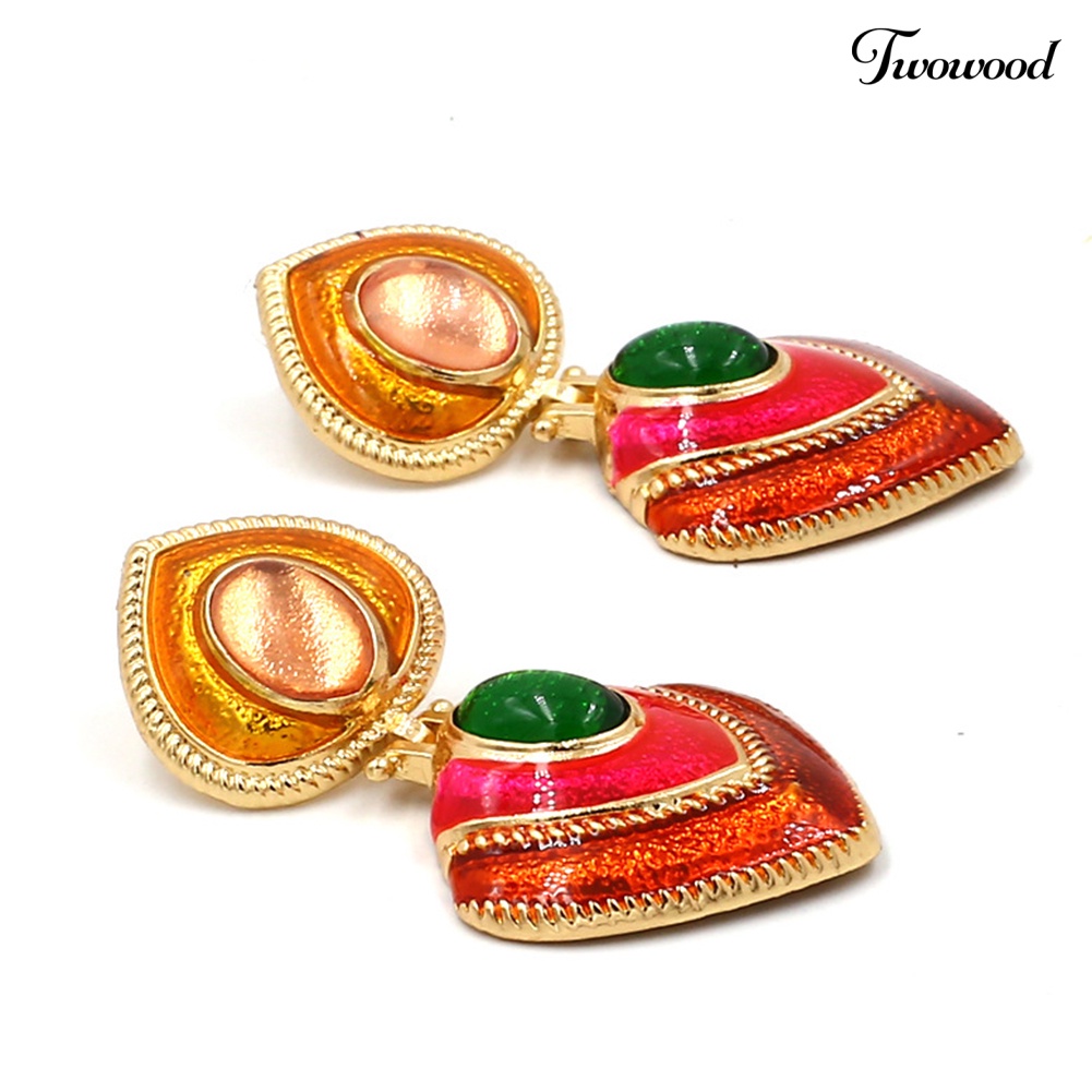 Twowood Wanita Permata Imitasi Hias Enamel Hati Menjuntai Multicolor Stud Earrings Perhiasan Hadiah