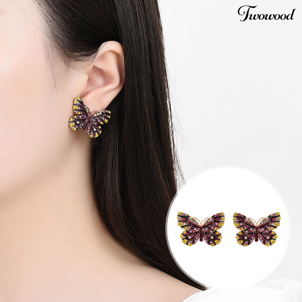 Twowood 1set Set Perhiasan Bersinar Kupu-Kupu Berbentuk Temperamen Menarik Kilau Terang Dekorasi Electroplating Lady Dress Leher Rantai Anting Wanita Aksesori