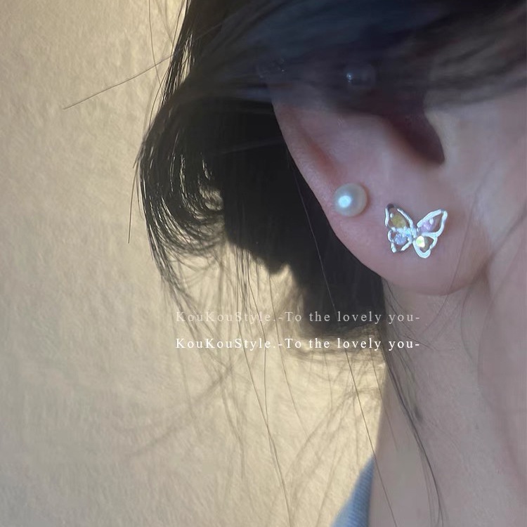 Ifyou Anting Kupu-Kupu Zirkon Manis Anting Tusuk Kristal Silver Warna-Warni Untuk Aksesoris Perhiasan Wanita