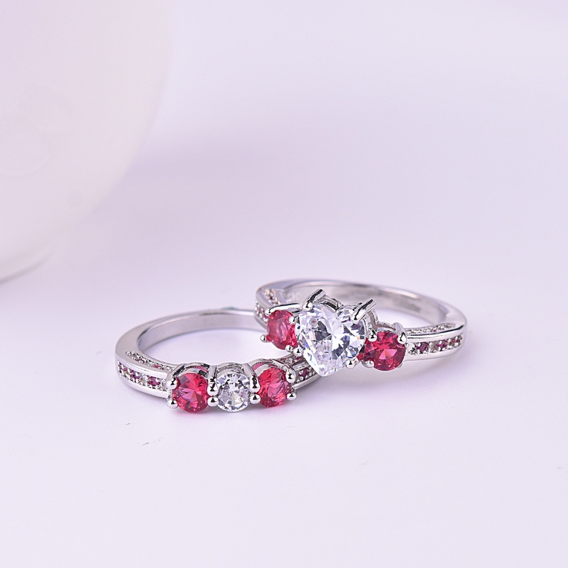 Goldkingdom Aksesoris Perhiasan Fashion Ready Stock Berbentuk Hati Set Cincin Merah Korundum Batu Permata Pertunangan Cincin