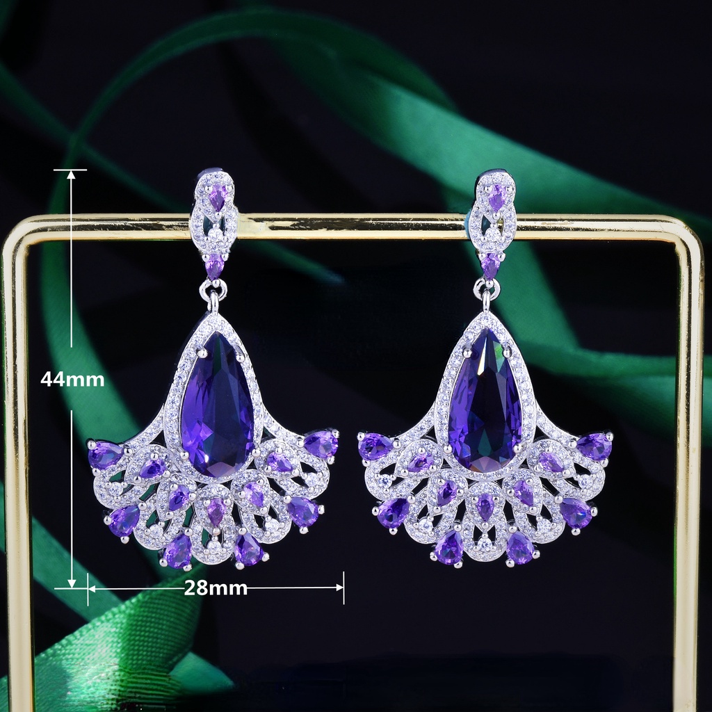 Goldkingdom Aksesoris Perhiasan Fashion Ready Stock Desain Industri Berat Tetesan Air Bermutu Tinggi Berbentuk Pir Anting Berlian Ungu Penuh Berlian Anting Rok