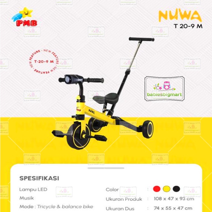 Sepeda Roda Tiga PMB 20 9M Balence Bike Tricycle Push 3IN1 Anak Musik Lampu Dorongan