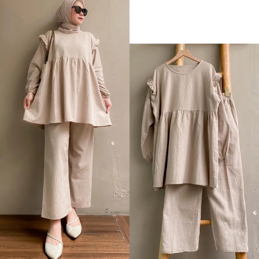 GAMIS STORE | Daiva One Set Wanita l Setelan Fit To XL Besar Cringkle Airflow Polos Basic OOTD Stelan Muslim