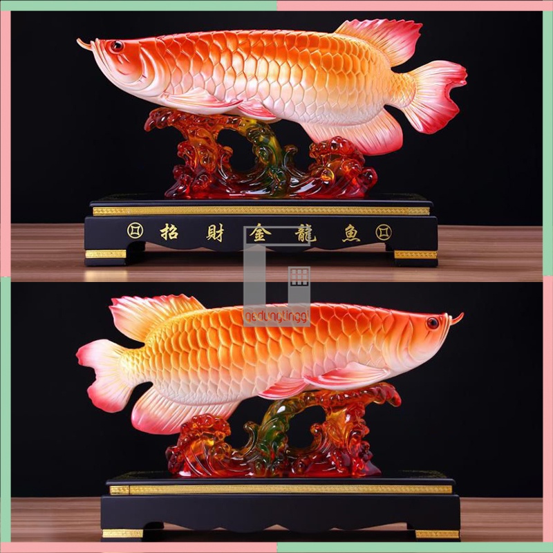 Patung Pajangan Hiasan Ikan Arwana Arowana Golden Silver Red Supered Gold Albino Kuning Hb Pino Blue Base Bluebase Mata Merah Jardini Jardin Crossback Brazil Banjar Hadiah Kado Fengshui Fengsui Feng Shui Rejeki Hoki Meja Kantor Batu Resin Baby Besar Jumbo