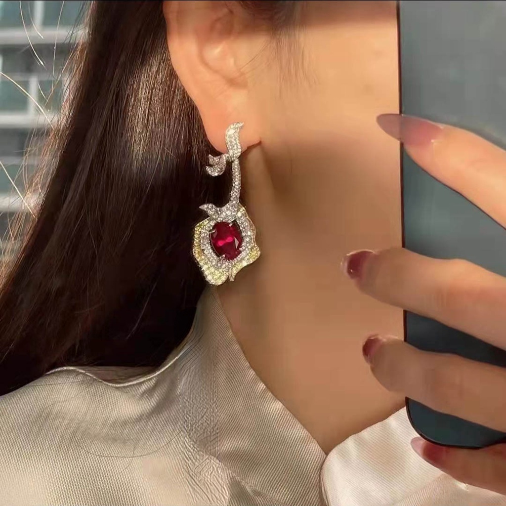 Goldkingdom Aksesoris Perhiasan Fashion Ready Stock Schubert Rose Stud Earrings Anting Panjang Berlian Korundum Merah