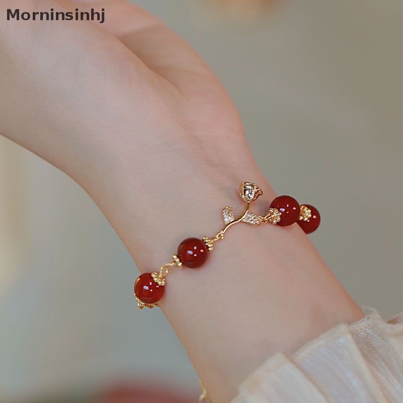 Mornin Golden Rose Natural Red Agate Round Beads Adjustable Gelang Wanita Ornamen Gaya Lembut Perhiasan Halus Hadiah id