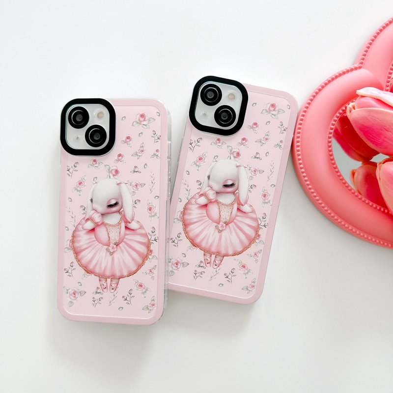 【 Angel Eye】Ballet Pink Bunny Soft TPU Case HP iP iPhone 7 8 14 + Plus SE 2020 X XS XR Max 11 12 13 Pro Max Girl Woman FTD Casing Apple