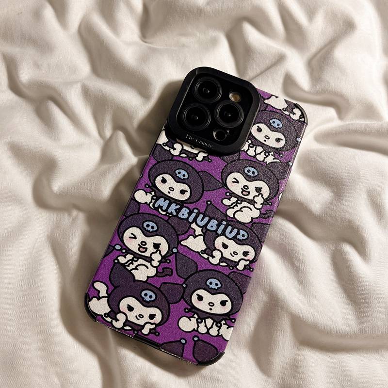 Soft sheepskin Leather Case IPhone 6S 7 8 Plus SE 2020 X XR XS Max 11 12 13 14 Pro Max 14 Plus Camera Protect for Girl women Cute Cartoon Purple Kuromi