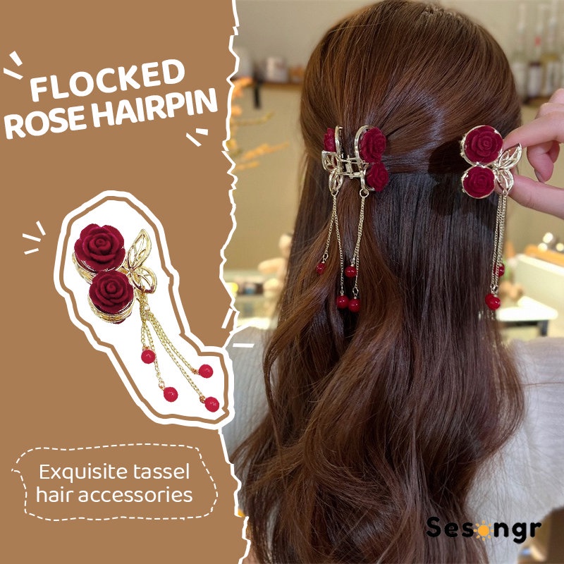 Gaya Cina Red Flocked Rose Hair Clip Indah Cherry Rumbai Aksesori Rambut Wanita - SG