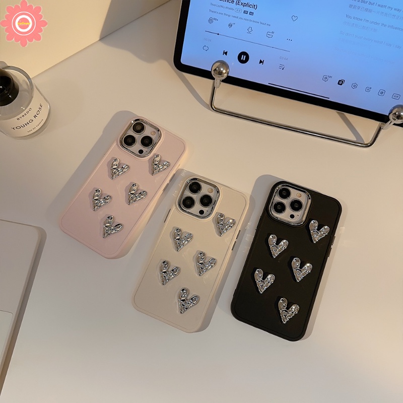 3d Plating Persegi Mewah Cinta Hati Case Kompatibel Untuk iPhone 7Plus 8Plus 11 13 14 12 Pro MAX XR X XS MAX Sederhana Warna Solid Macaron Warna Permen Lembut Ponsel Cover