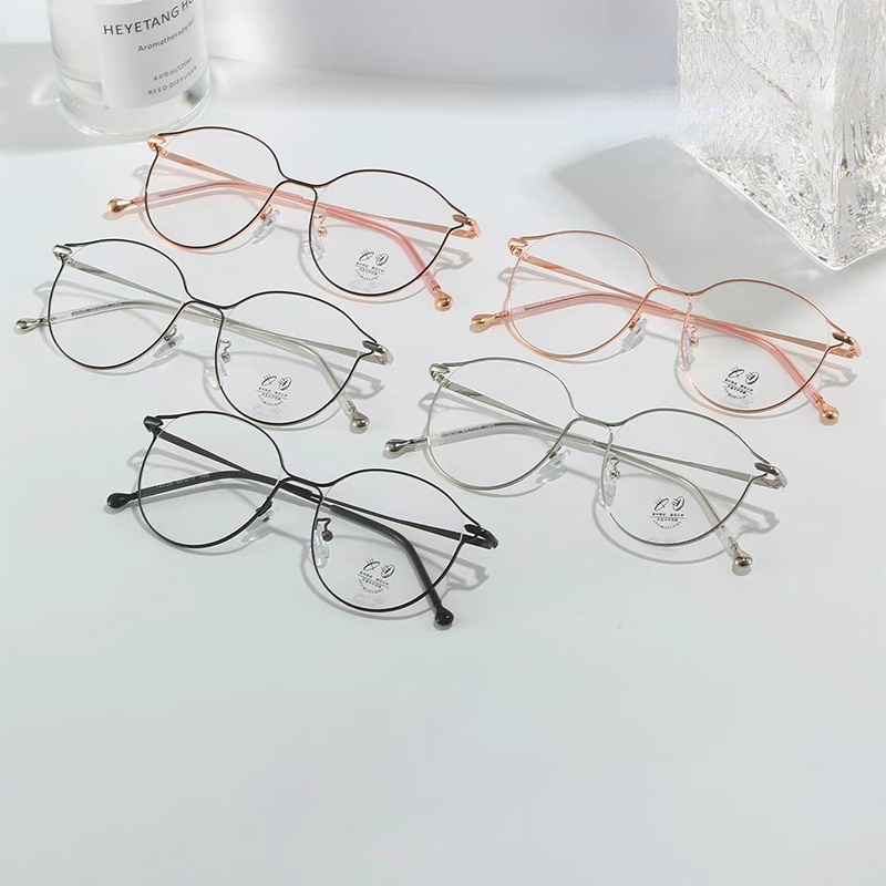 (YUZHU) Lensa Yang Dapat Diganti Kebesaran Kacamata Korea Fashion Logam Bingkai Bulat Anti Cahaya Biru Eyeglasses