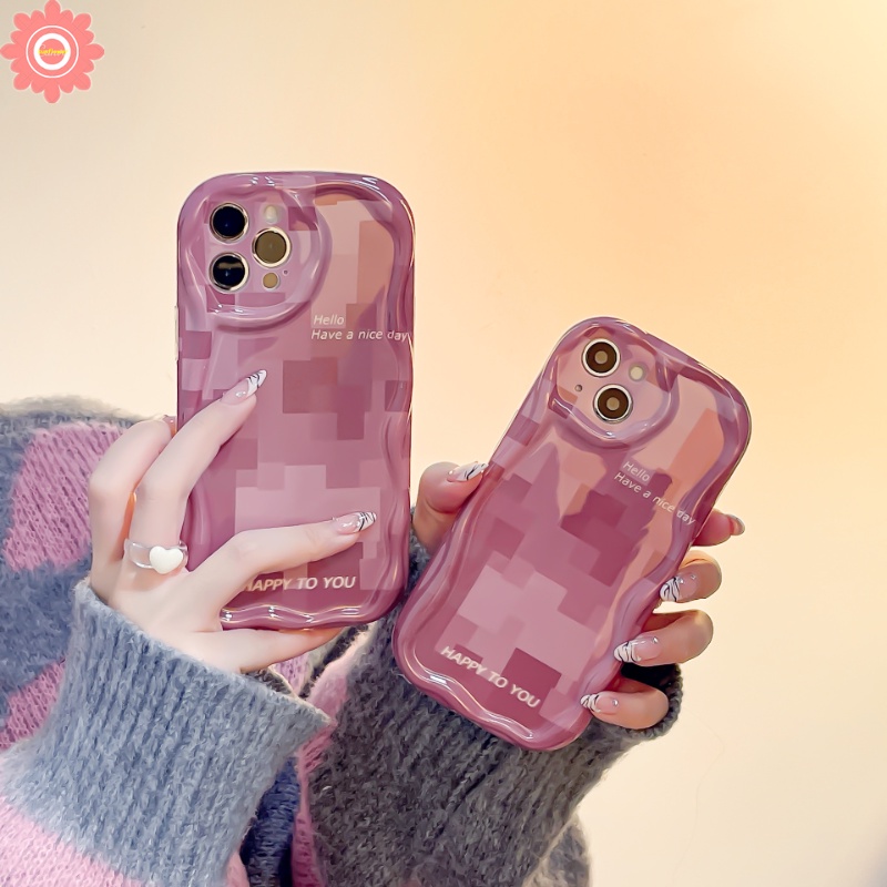 Rose Pink Lattice Case Kompatibel Untuk IPhone 11 Pro Max 7Plus XR 13 14 12 Pro Max X 7 8 6s 6 Plus XS Max SE 2020 3D Wavy Curved Edge Glossy Love Heart Soft Back Cover