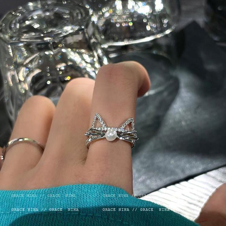 Cincin Kucing Lucu Perempuan Tidak Luntur Cahaya Mewah Desain Niche Cincin Jari Telunjuk Terbuka ins Unik Cincin Pasangan Trendi