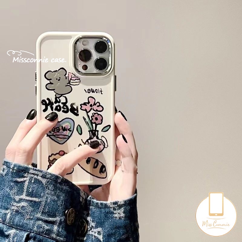 Graffiti Love Heart Soft Phone Case Kompatibel Untuk IPhone 7Plus XR 87 Plus X11 13 14 12 Pro Max 8Plus XS Max Beruang Lucu Hamburger Bunga Logam Bingkai Lensa Cover