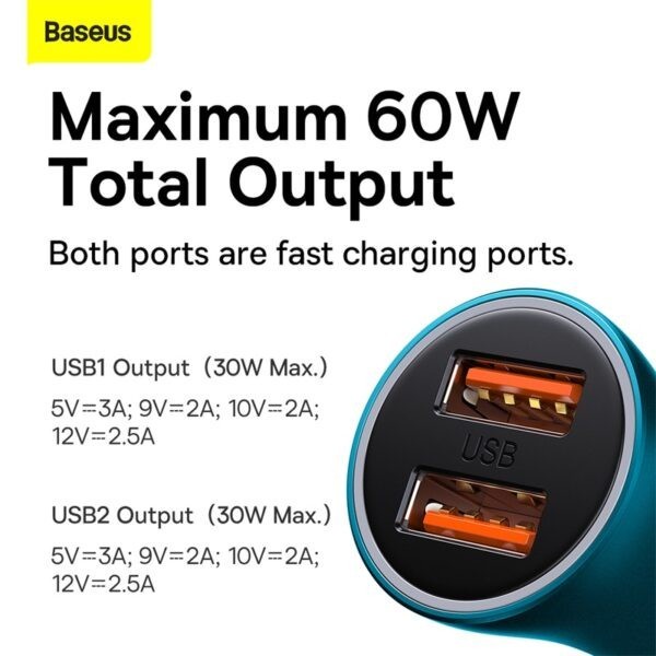 Baseus Car Charger Golden Contactor Max Dual Fast U+U 60W - CGJM - U+U 60W Blue