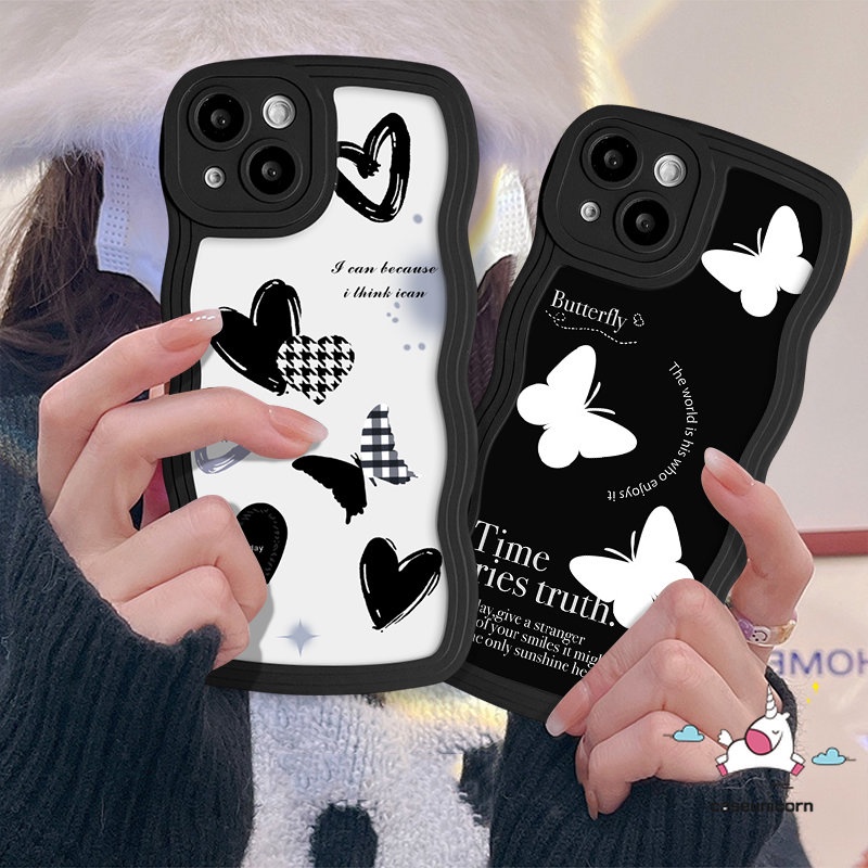 IPHONE Fashion Cinta Hati Fantasi Butterfly Phone Case Kompatibel Untuk Iphone11 14 13 12 Pro Max 6s 6 14 Plus 7Plus XR 7 8 Plus X XS Max SE 2020 Lembut Tpu Hitam Bergelombang Penutup Tepi