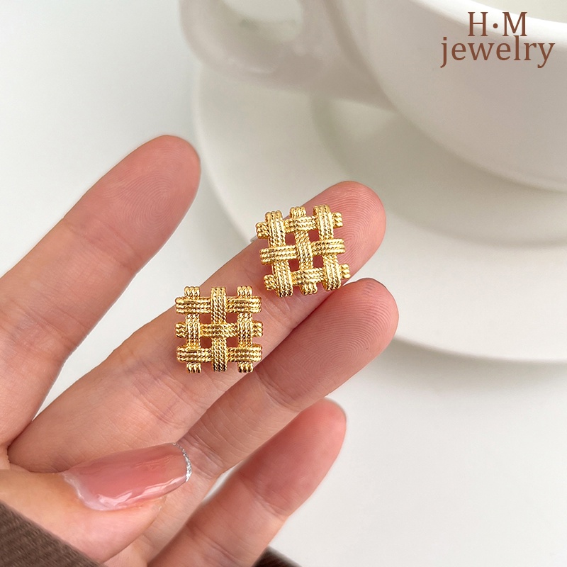 S925 Perak Geometris Persegi Anyaman Stud Anting-Anting Sederhana Elegan Bermutu Tinggi Koil Nyamuk Telinga Klip