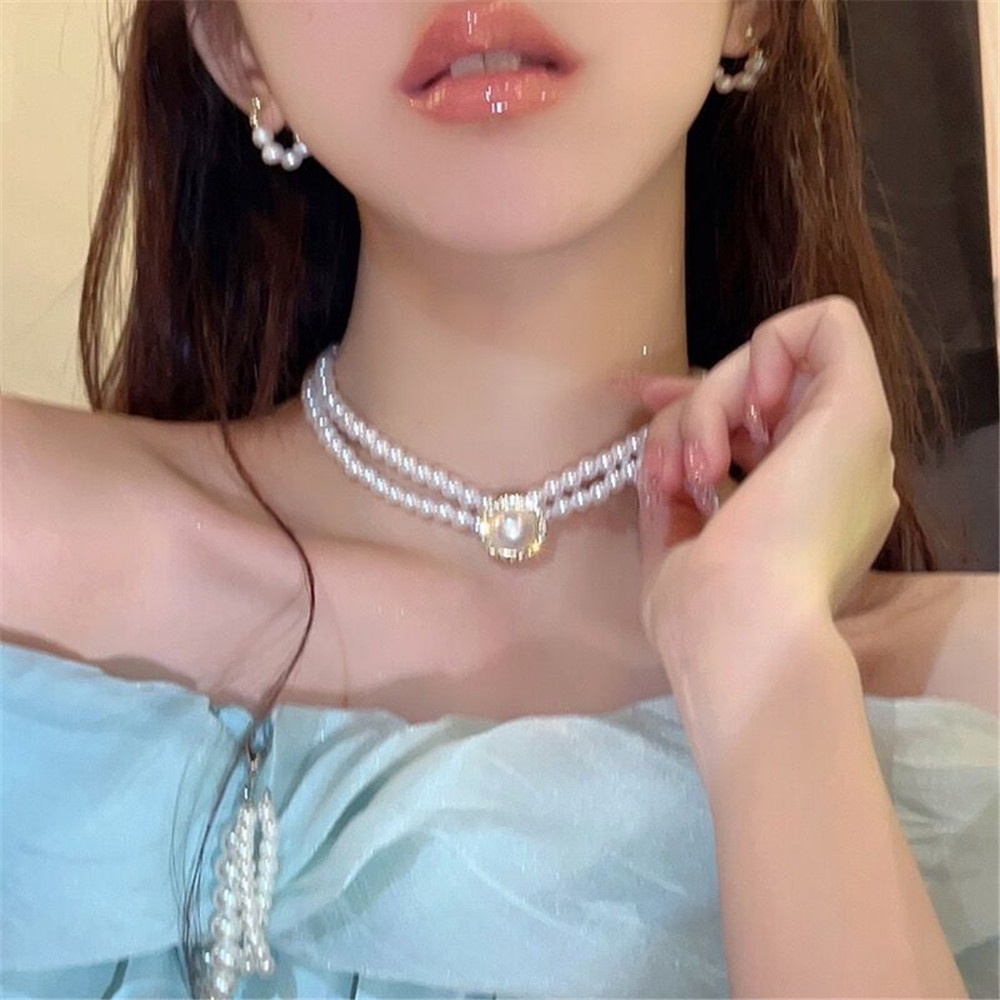 Vintage Hong Kong Gaya Oval Zamrud Hepburn Temperamen Perancis Double Layer Mutiara Kalung Kerah Rantai Anting Pengantin Set Permen Perhiasan