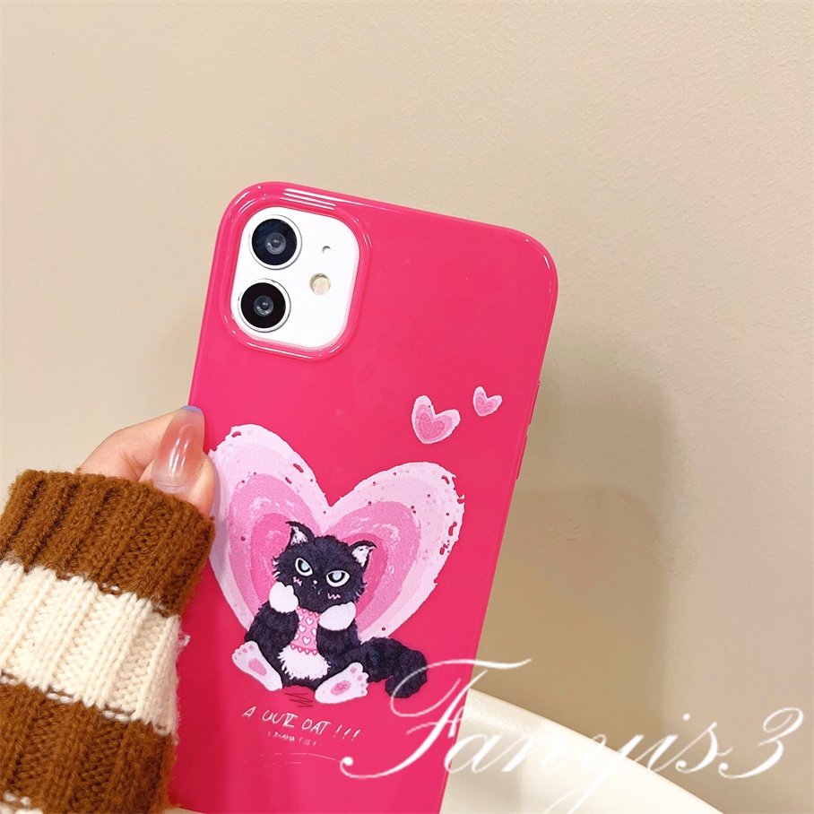 Compatible For iPhone 14 13 12 11 Pro Max X XR Xs Max 8 7 6 6s Plus SE 2020 Kompatibel Untuk Black Cat Heart Pink Permukaan Glossy Phone Case TPU Silikon Lembut Cover Pelindung