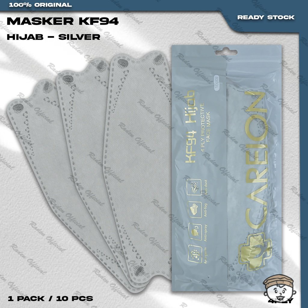 Masker KF94 Hijab CAREION 4Ply Isi 10Pcs Warna Silver KF 94 4 Ply Headloop Surgical Mask