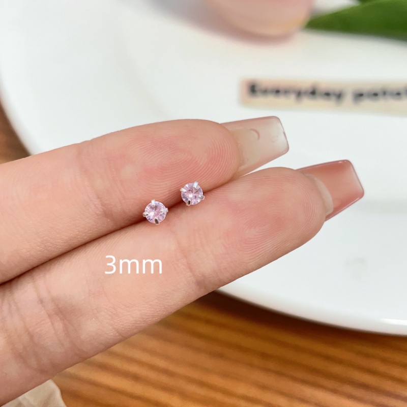 Manis Fashion Anting Stud Zirkon Merah Muda Untuk Wanita Mini Vintage Anting Kristal Bulat