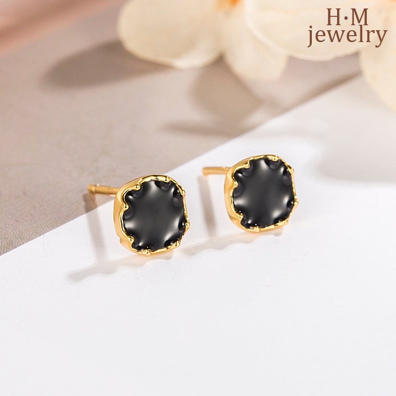 S925 Perak Sederhana Geometris Square Ear Studs Anting Hitam Bermutu Tinggi