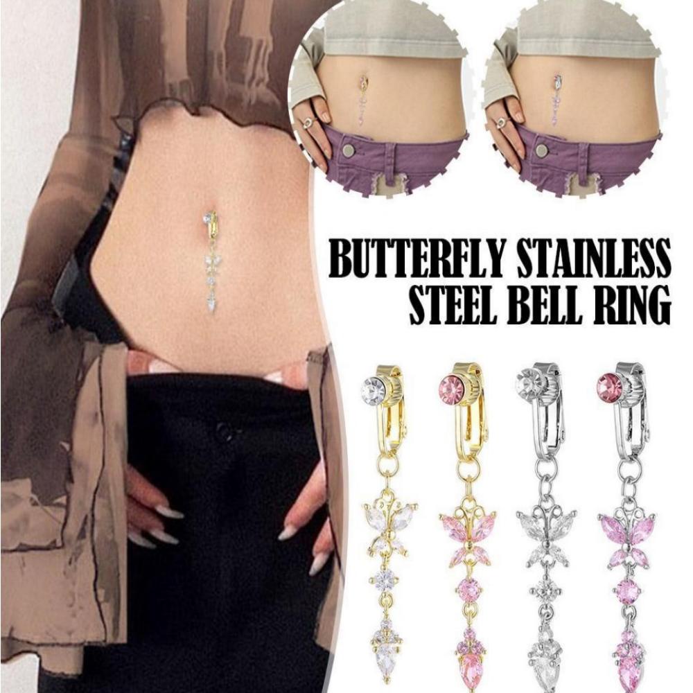 Fashion Non-Tinju Zirkon Besar Panjang Kupu-Kupu Liontin Kristal Pusar Cincin Y2K Gadis Pedas Tanpa Tindik Pusar Cincin Sexy Indah Perhiasan Tubuh Tubuh Pusar Kuku Untuk Wanita