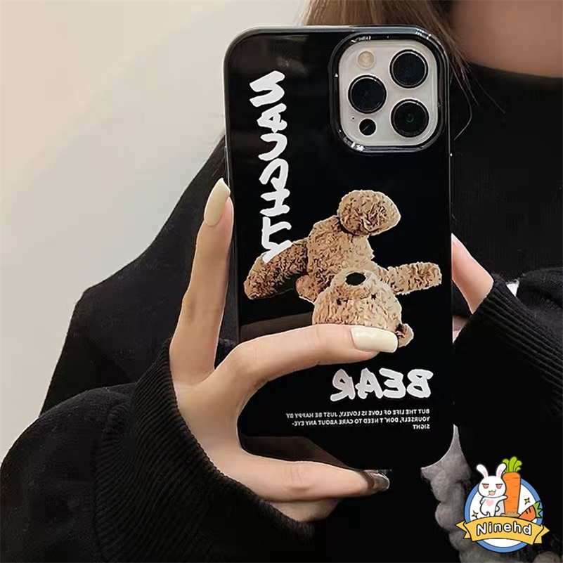 IPHONE Casing Kompatibel Untuk Iphone14 13 12 11 Pro Max X Xr Xs Max8 7 6 6s Plus SE 2020 Pasang Merek Teddy Bear Hitam Mengkilap Casing Ponsel Pelindung Lensa Shock Resistant Silicone Soft Case