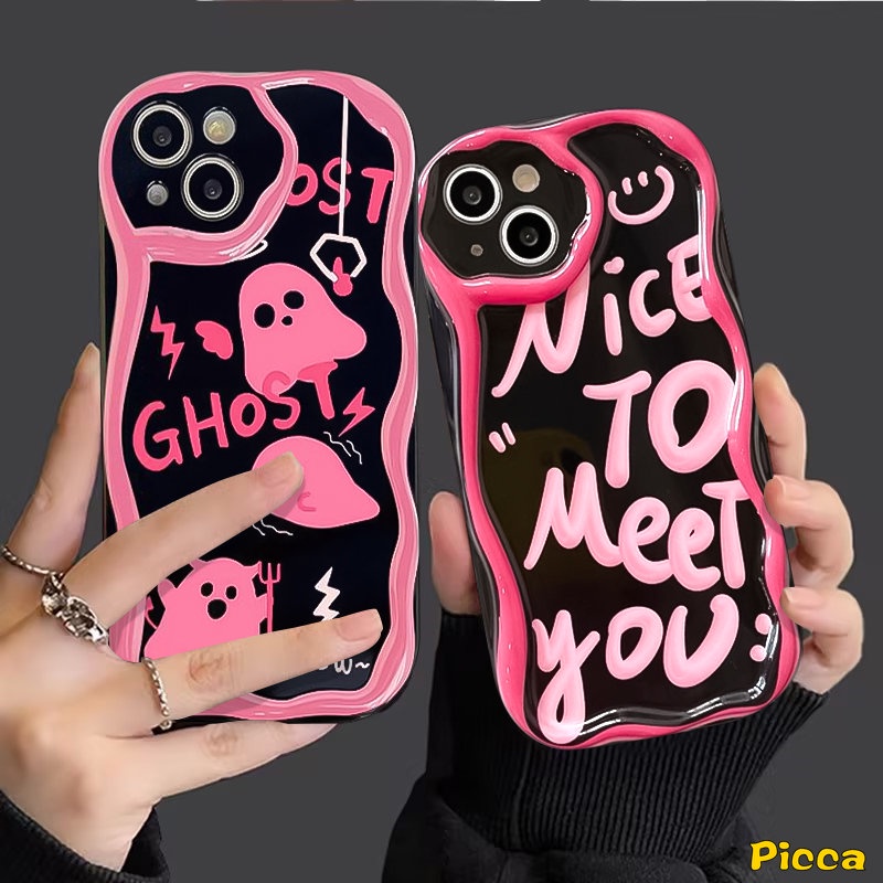 Doodle Huruf Lucu Cute Ghost Case Untuk Realme C53 C55 C12 C21Y C25 C20A C25Y C31 C35 5 7i 6i 5s 5i C11 C20 C25s C17 C15 C3 C2 C1 C30 C21 C33 Kartun 3D Bergelombang Lengkung Tepi Penutup