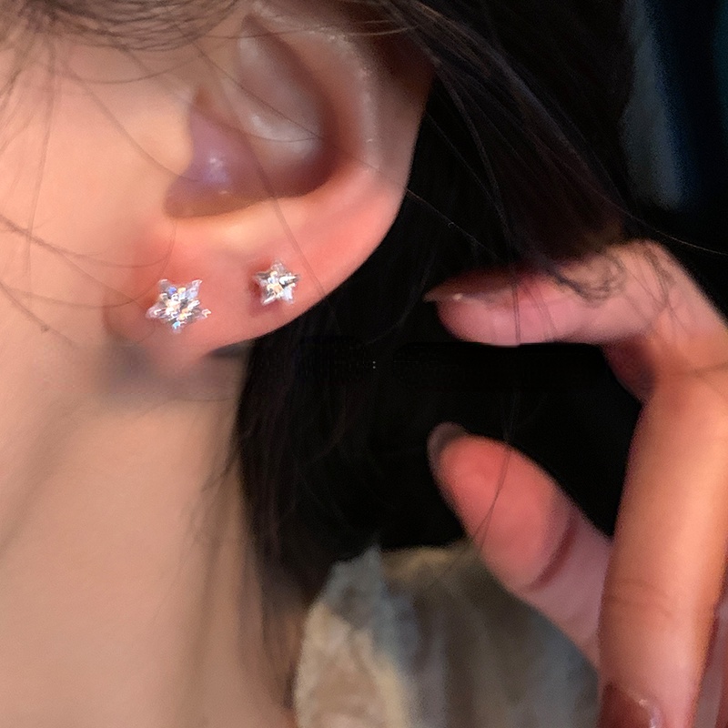 S999 Sterling Silver Zirkon Bintang Anting Jantung Telinga Tindik Telinga Stik Perhiasan Aksesori