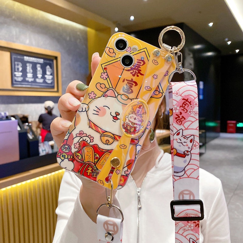 IPHONE Zhaocai Cat Dropstick Wrist Strap Crossbody Desain Phone Case Kompatibel Dengan Iphone12 13 14 11 Pro Max X Xs Max Xr Hhgtr