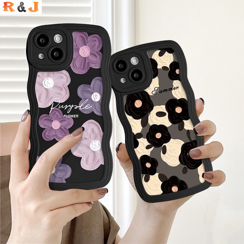 IPHONE Case Kompatibel Untuk Iphone13 14 8 6 6s Plus 11 12 Pro Max X 7Plus XS Max XR SE 2020 Hitam Ungu Bunga Lukisan Minyak Wavy Edge Soft Case Cover