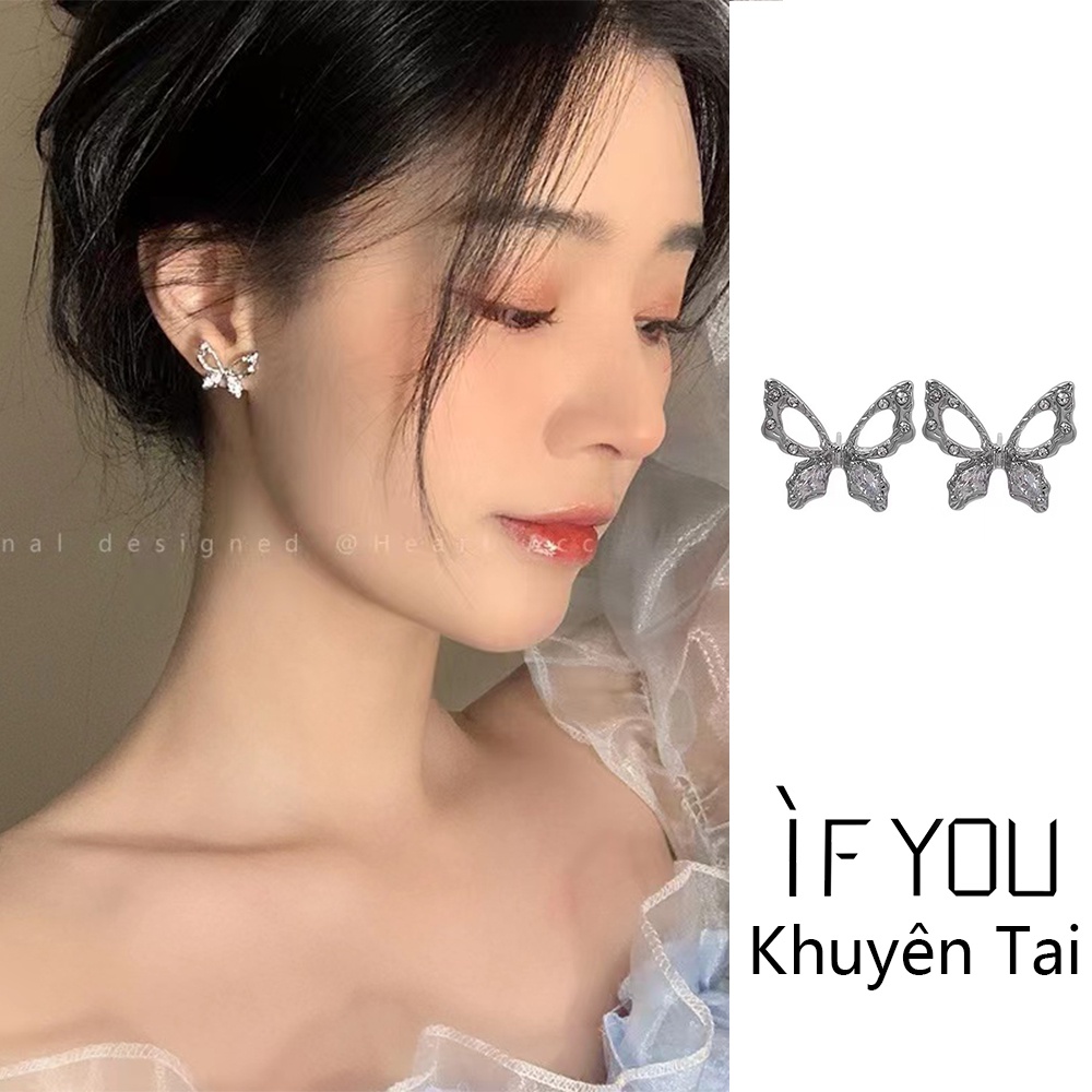 Ifyou Anting Tusuk Kupu-Kupu Hati Elegan Busur Zirkon Kristal Emas Perak Earring Untuk Aksesoris Perhiasan Wanita