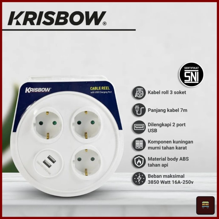 KRISBOW Colokan Listrik Kabel Roll 3 Lubang 2 Port USB 7 Mtr