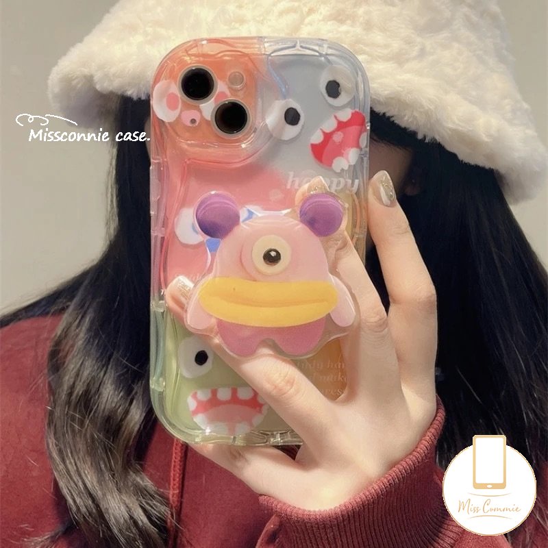 IPHONE Case Monster Kecil Kartun Lucu Kompatibel Untuk Iphone11 14 13 12 Pro Max7 8 6 6s Plus XR X XS Max 7Plus SE 2020 3D Wavy Curved Edge Soft Cover Dengan Braket Stand Ponsel