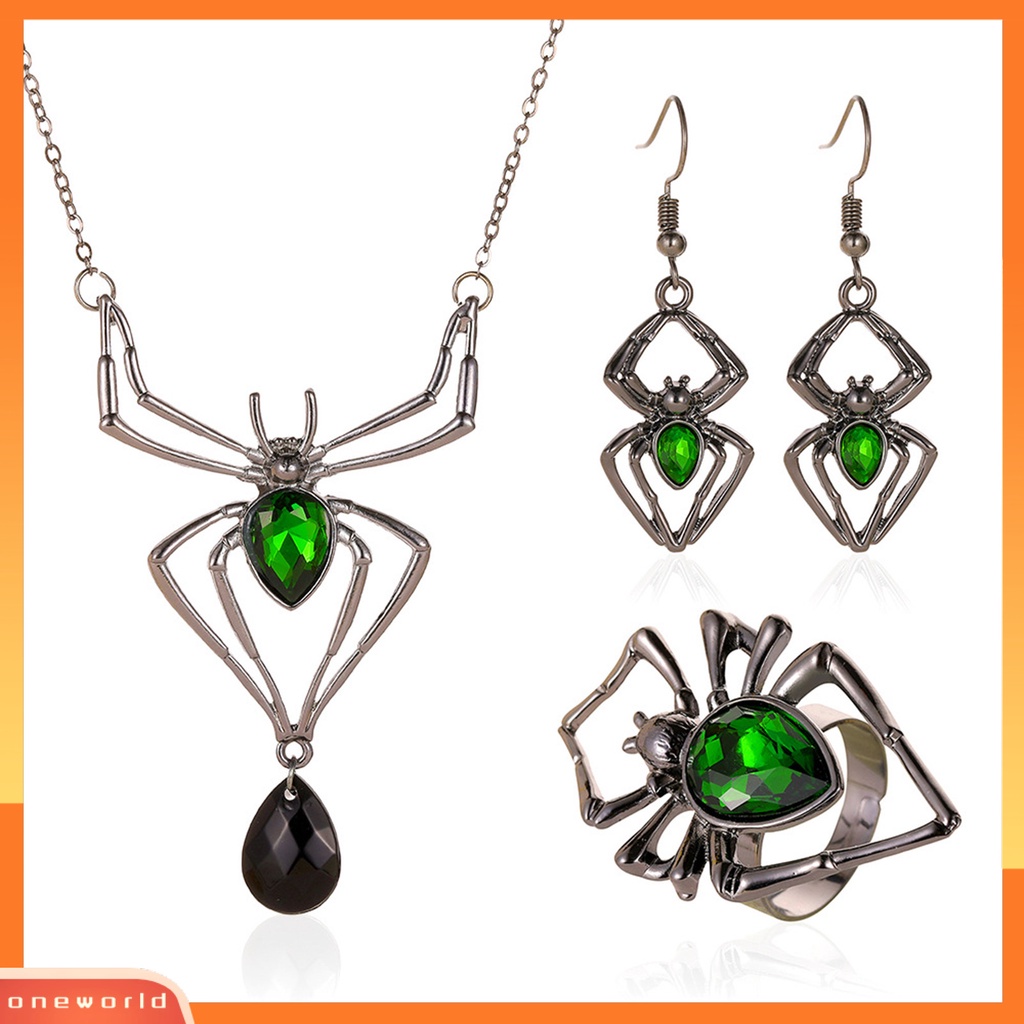 [ONE] Spider-berbentuk Permata Imitasi Kalung Anting Cincin Paduan Berlebihan Wanita Halloween Ornamen Pesta Perhiasan