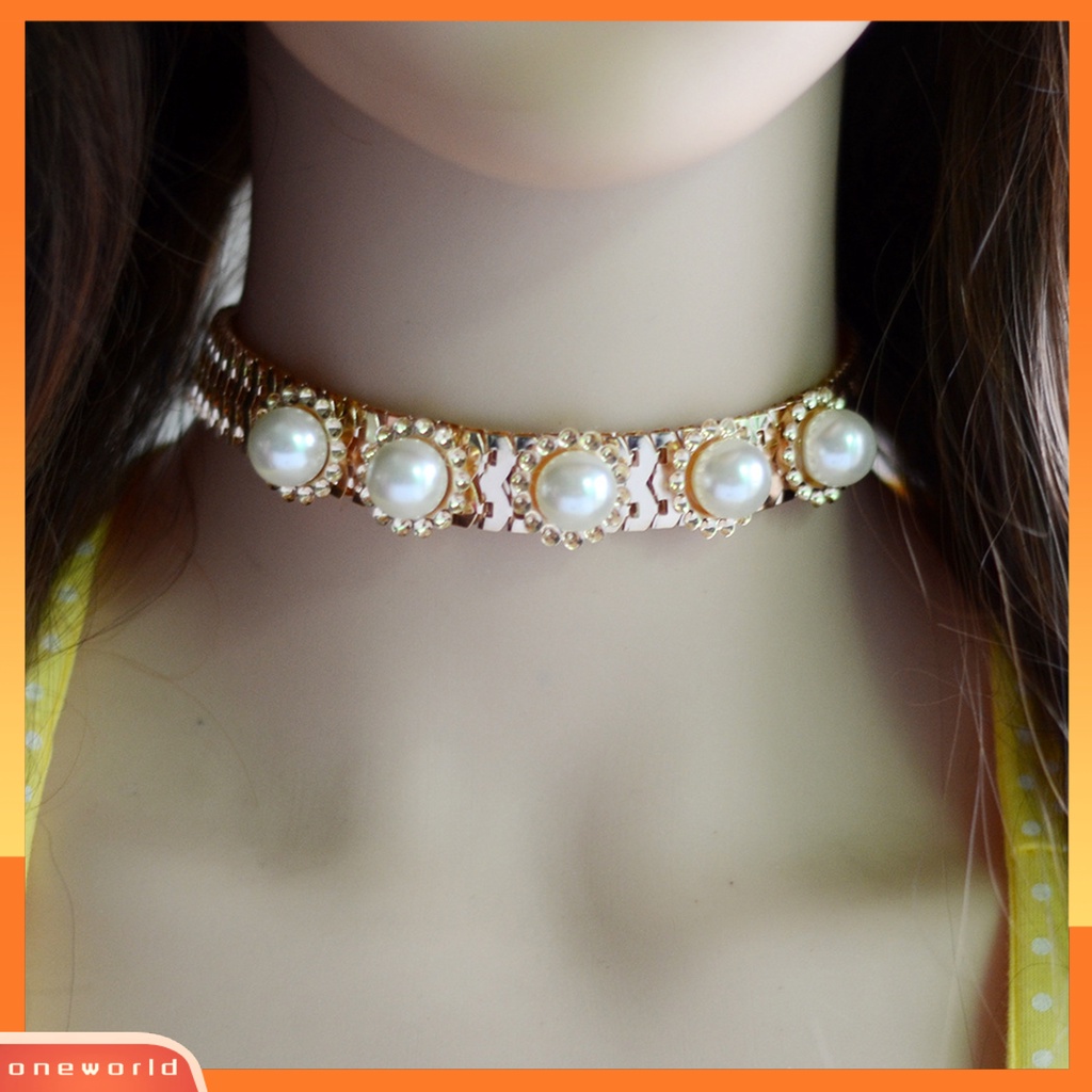 [ONE] Mutiara Imitasi Dekorasi Berlian Imitasi Wanita Kalung Alloy Adjustable Rantai Ular Kerah Kalung Perhiasan Aksesori