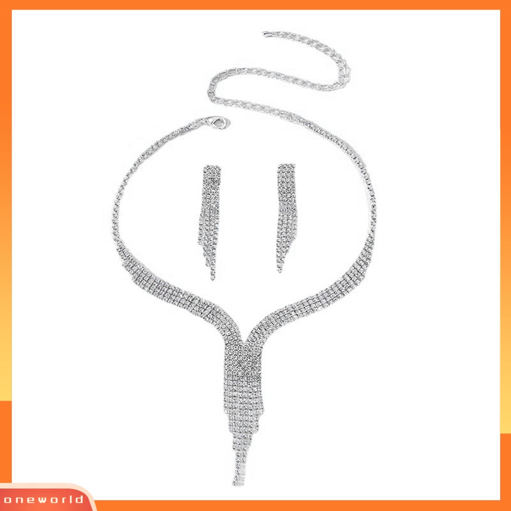 [ONE] 1set Kalung Perhiasan Berlebihan Rumbai Panjang Berlian Imitasi Dress Up Kalung Stud Anting Set Perhiasan Perjamuan Aksesori