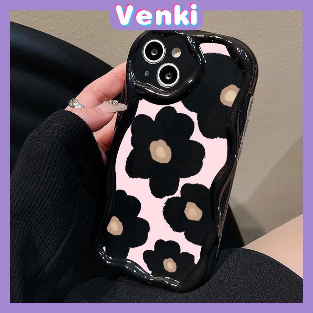 VENKI - Untuk iPhone 11 Case Curved Edge Wave Case Glossy Black TPU Airbag Tahan Guncangan Kamera Case Bunga Lucu Kompatibel dengan iPhone 14 13 Pro max 12 Pro Max xr xs 7Plus 8PLus