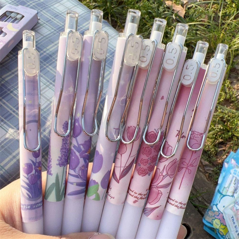 Populer 4PCS/Set Gel Pulpen Rose Kartun Dengan Klip Alat Tulisan Tinta Hitam Tulip Signature Pen