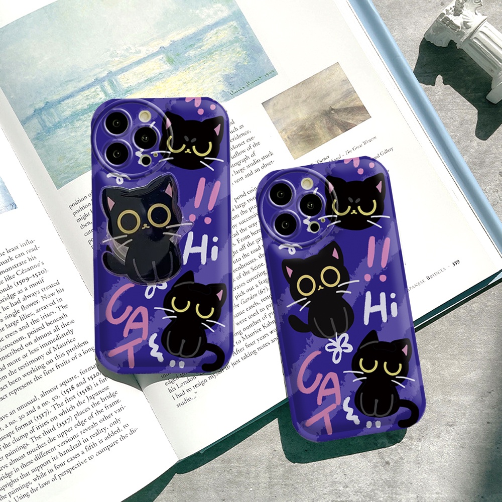 Oppo Reno 8T 4G A57 A16 A16K A17 A5S A12 A3S A12E A92 A52 F1S A53 A33 A31 A9 A5 A15 A15S A54 F9 C1 Graffiti Black Cat Air cushion TPU Phone Case Dengan Bracket Binteacase