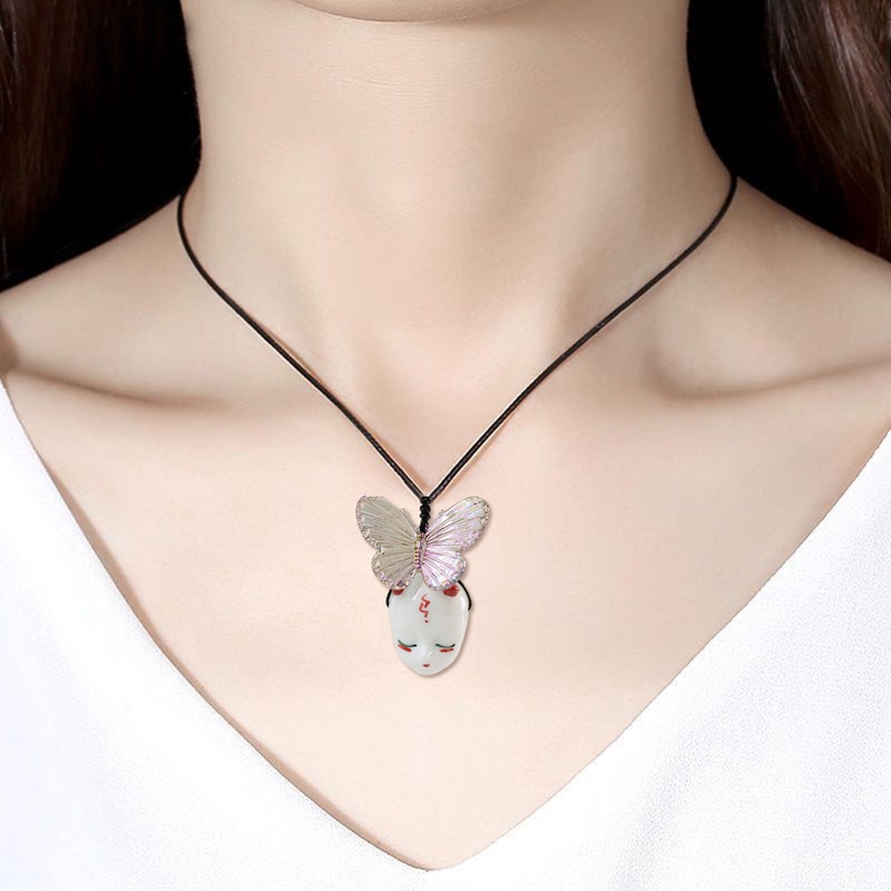 Ins Butterfly Ceramic Face Pendant Vintage Kalung Choker Untuk Wanita Perhiasan Aksesoris Hadiah