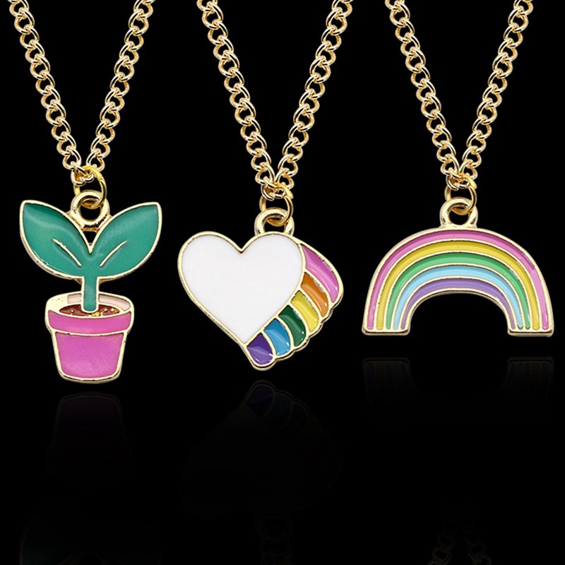 1 Pcs Fashion Alloy Kartun Warna-Warni Cinta Pot Pelangi Kalung Liontin Rantai Klavikula Liontin Kalung Choker Wanita Gadis Hadiah
