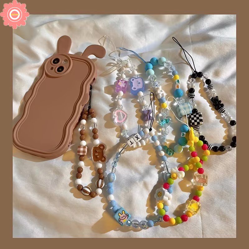 Korea Fashion Kelinci Lucu Beruang Ikatan Simpul Bunga Mutiara Imitasi Manik-Manik Ponsel Rantai Ponsel Lanyard Aksesoris Phone Charms